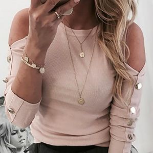 Cold Shoulder Buttoned Long Sleeve Casual Blouse